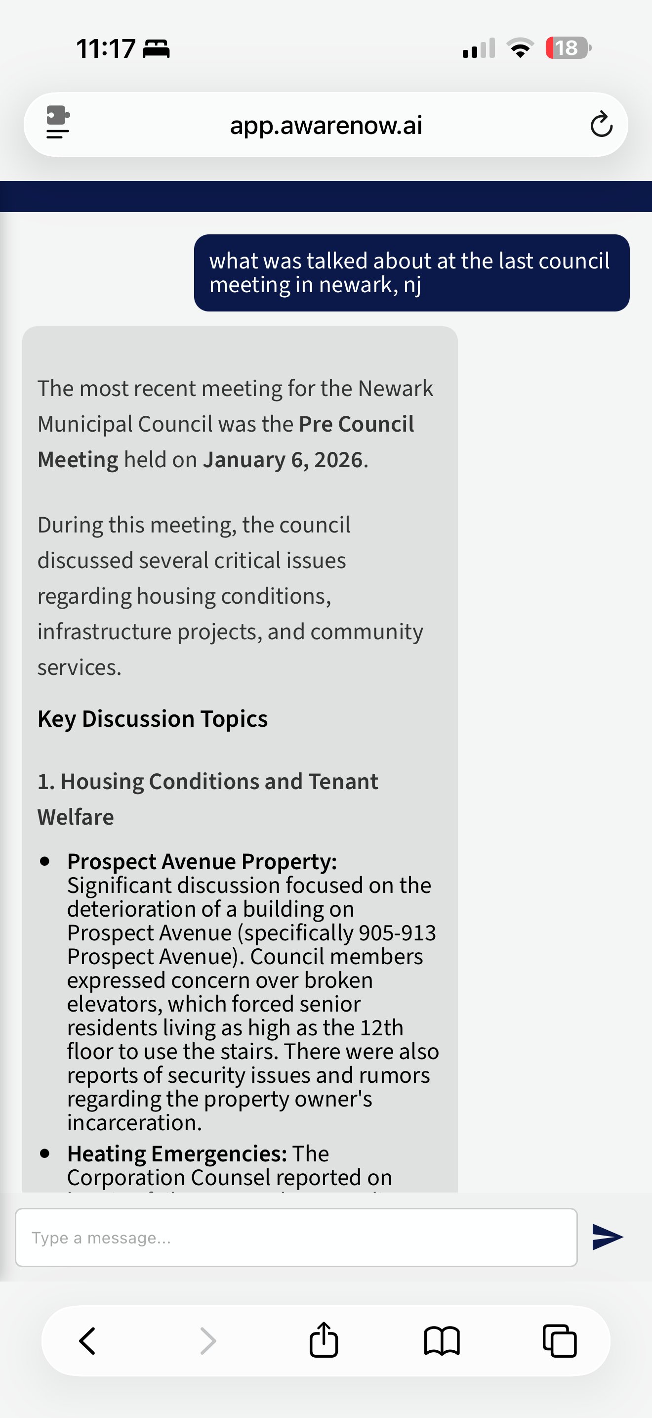 Ask Aware answering a question about Newark NJ council meeting