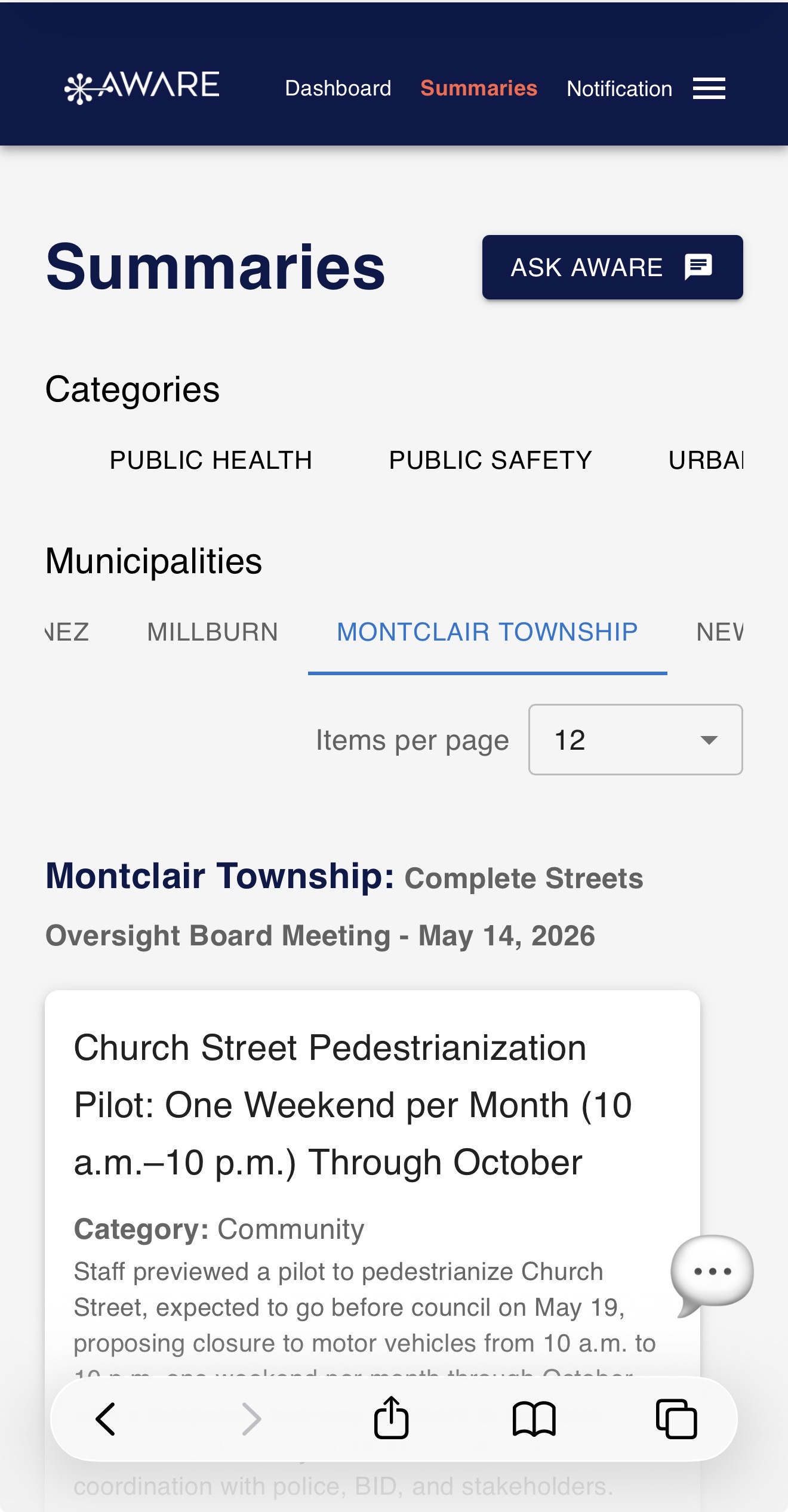 Aware summaries feed showing Montclair Township meeting
